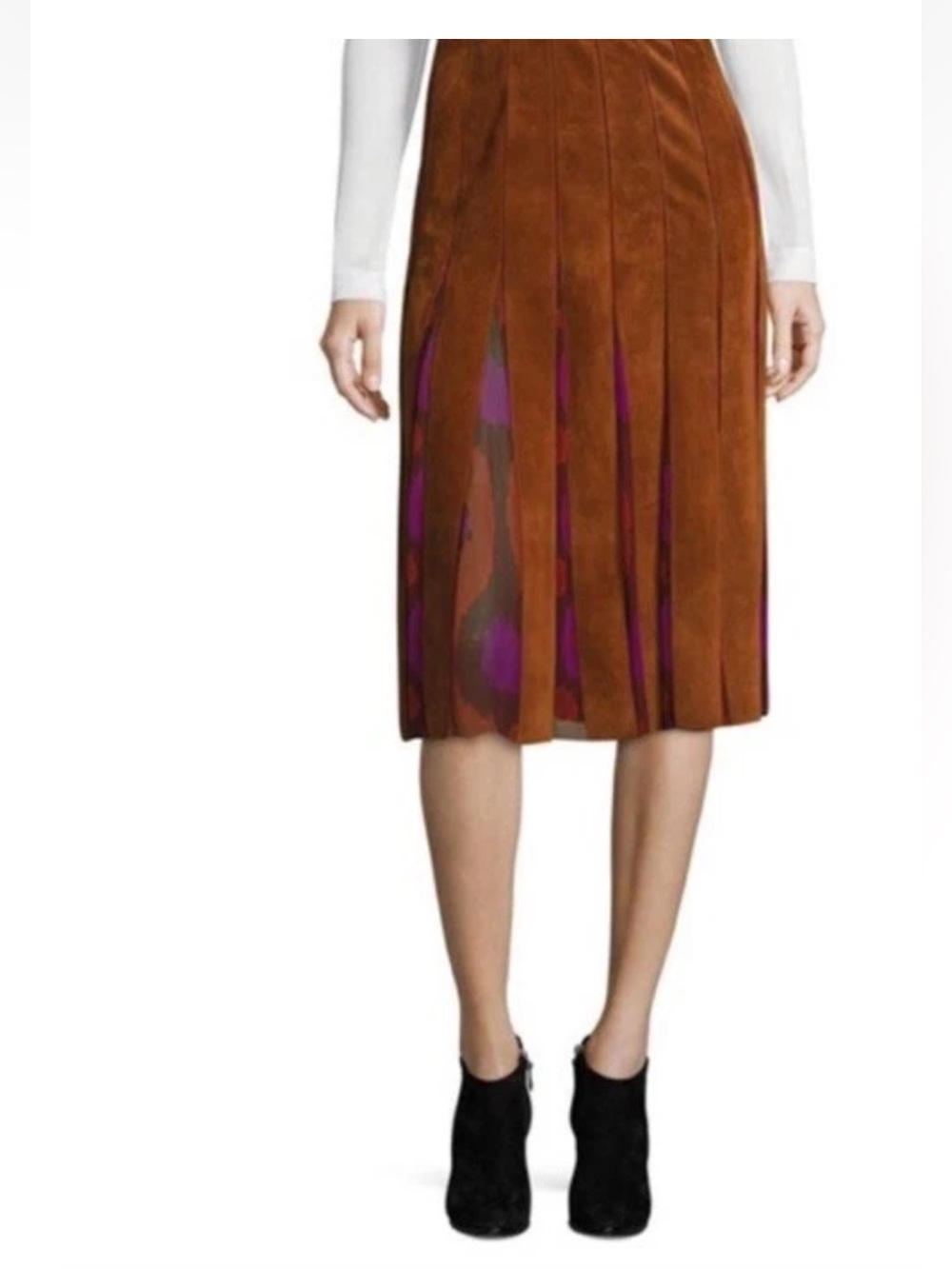 EUC Dvf Skirt Malita Rust Suede Flapper Purple Print Silk Panels shorts undeR